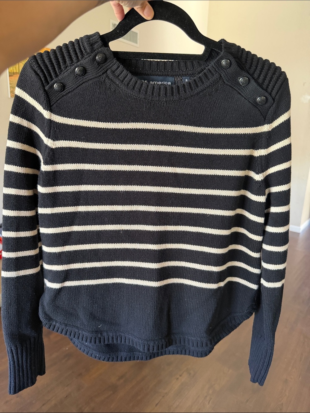 525 America navy  & Cream Striped Button-Shoulder Crew Sweater